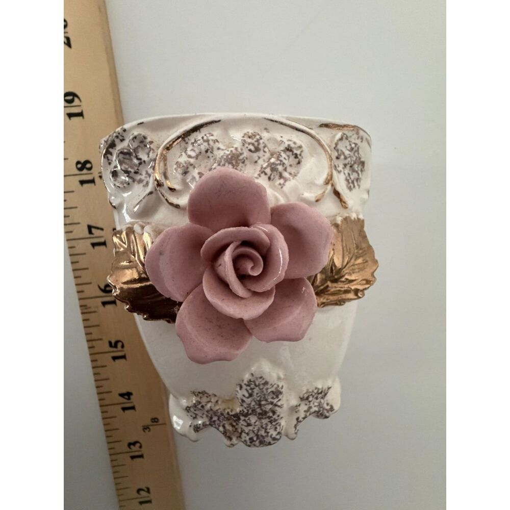 Vtg TILSO japan 52/969 Stamped G547 porcelain planter with 3D rose and gold acc